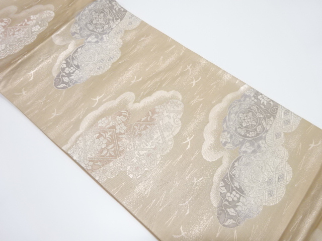 アンティーク　雲取りに華紋・花菱模様織り出し袋帯（着用可）